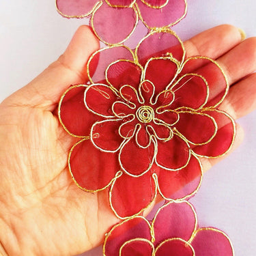 Blue / Pink / Red And Gold Layered Flowers, Cut work Tissue Trim, 3-D Flower Trim